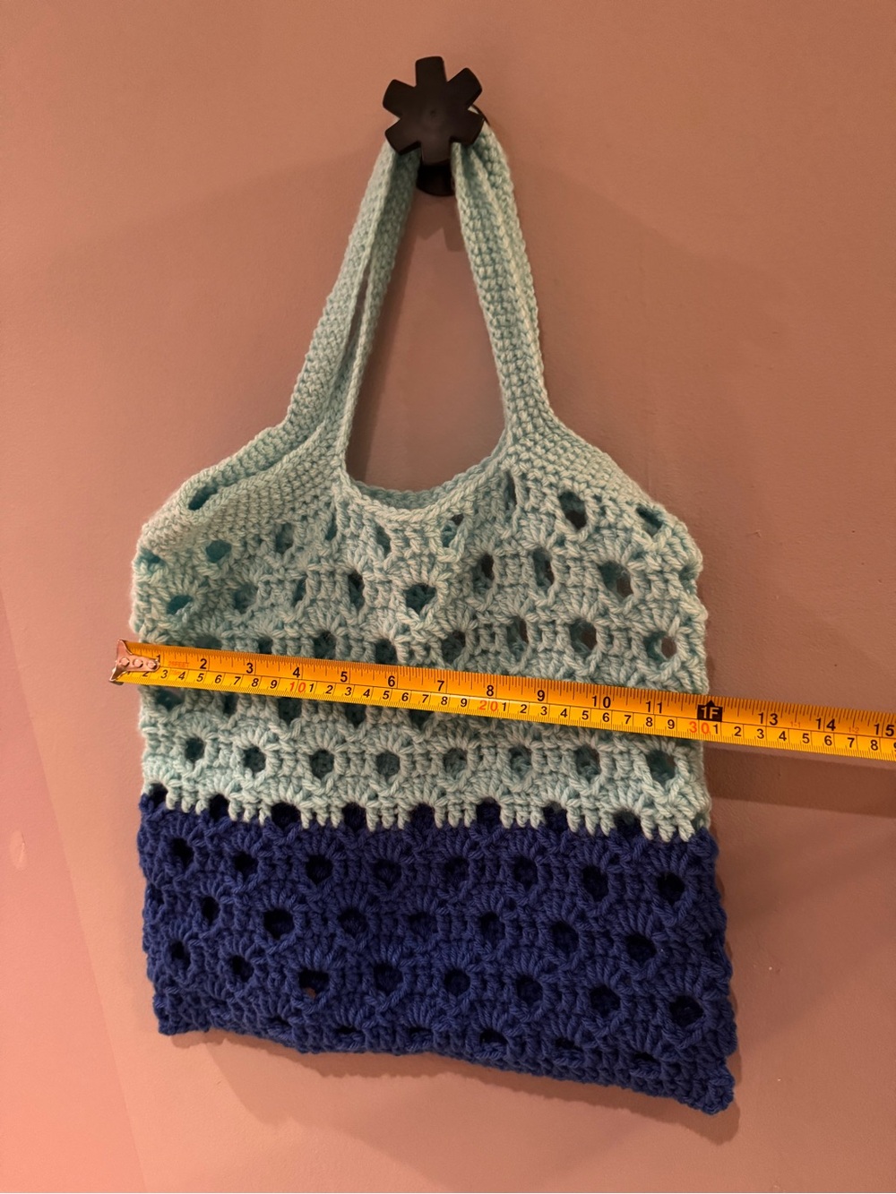 Handmade Two-Tone Crochet Tote Bag - Light Blue & Navy - Picture 2 of 3